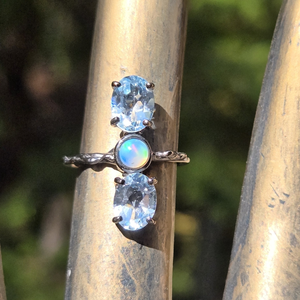 Blue Topaz & Opal Natural Gemstone Sterling & Rhodium Ring Sz6 - Picture 2 of 8